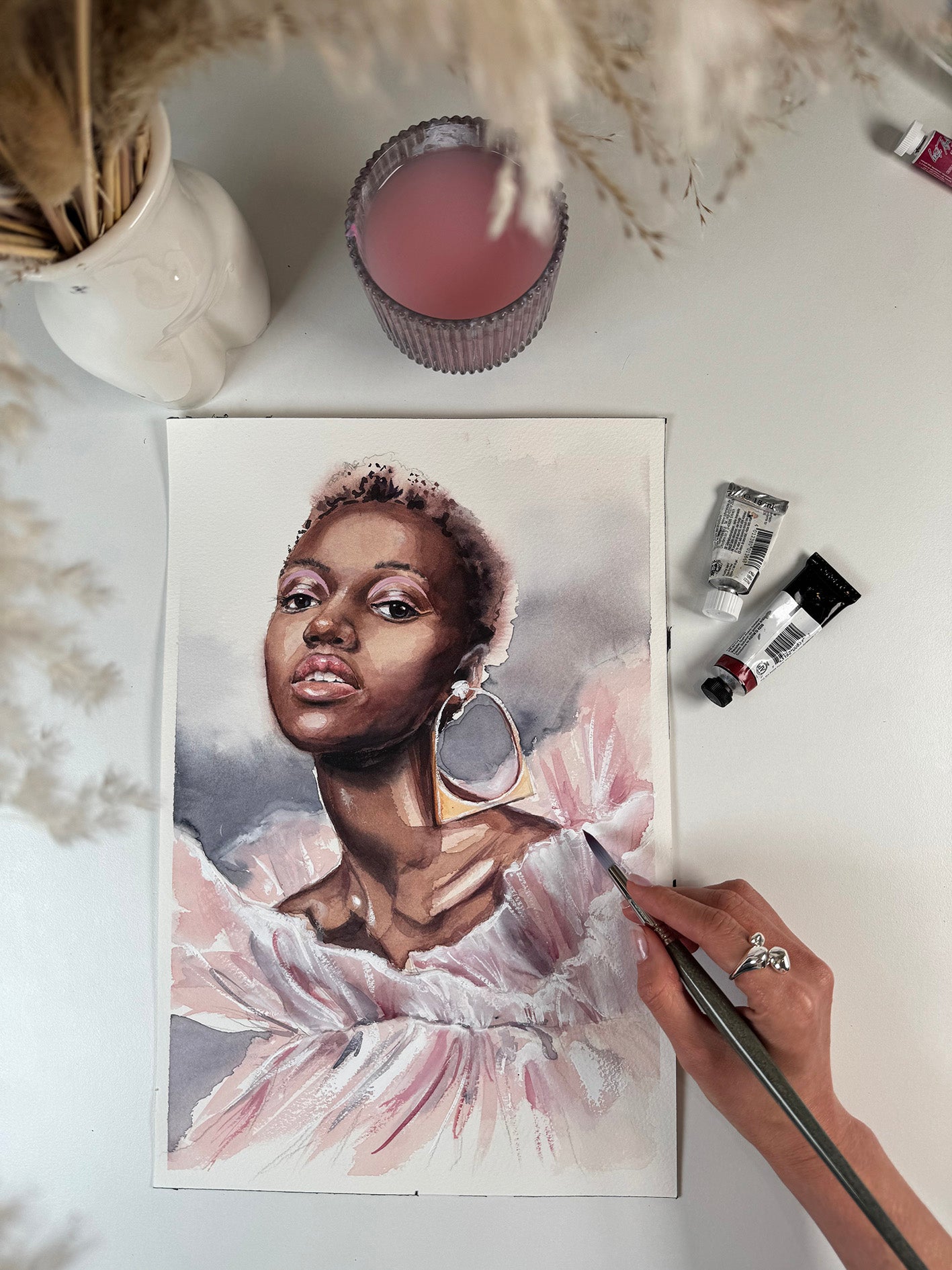 Hand-Painted watercolor portrait in fashion style