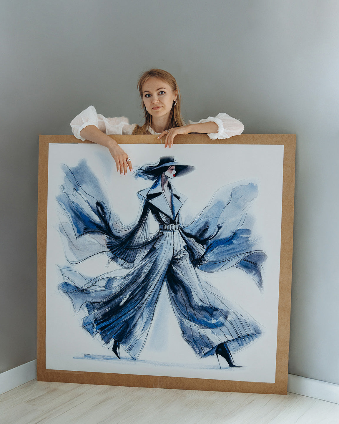Extra-large watercolor fashion illustration of a woman in a flowing blue dress, shown for scale