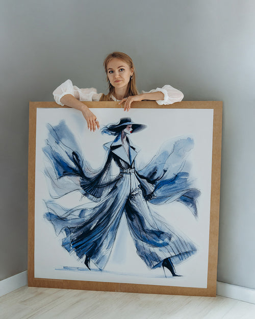 Extra-large watercolor fashion illustration of a woman in a flowing blue dress, shown for scale