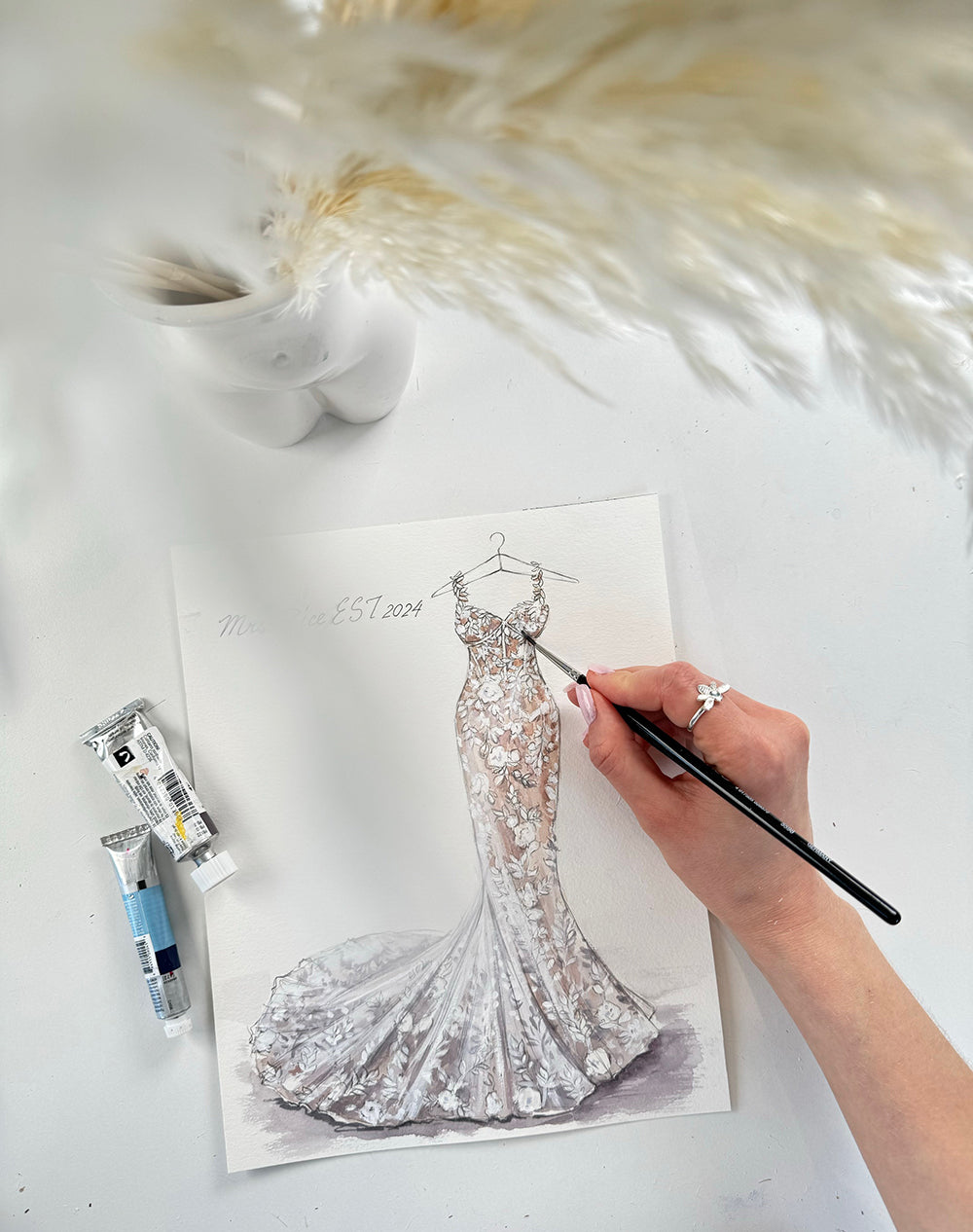 Custom Bridal Gown Watercolor Painting from Photo