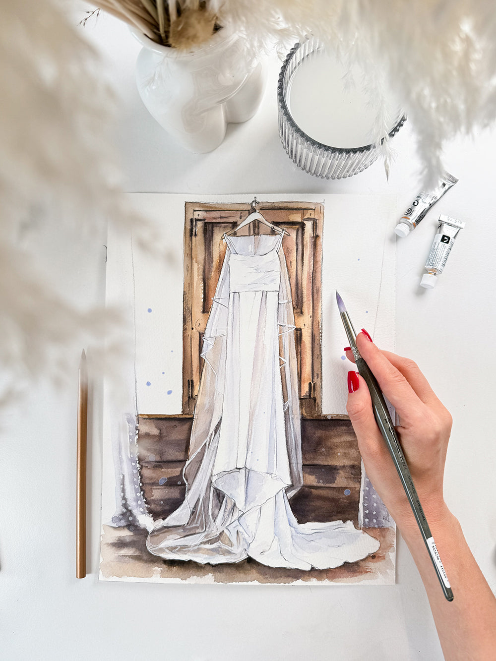 Custom Bridal Gown Watercolor Painting from Photo