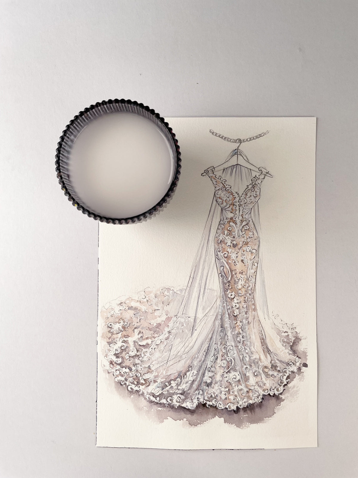 lace wedding dress drawing Elegant Illusion Jewel Neck Custom Lace Mermaid Bridal Dress Sketch, A Custom Sketch