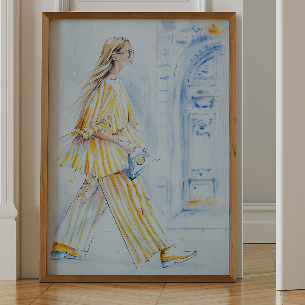 Large fashion illustration in yellow tones for a bold fashion  space, designed to elevate modern interiors.