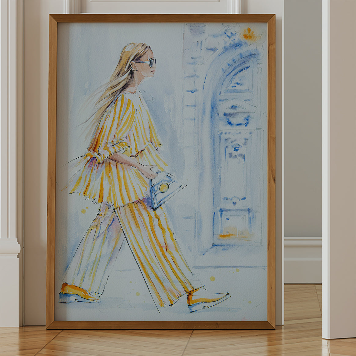Large fashion illustration in yellow tones for a bold fashion  space, designed to elevate modern interiors.