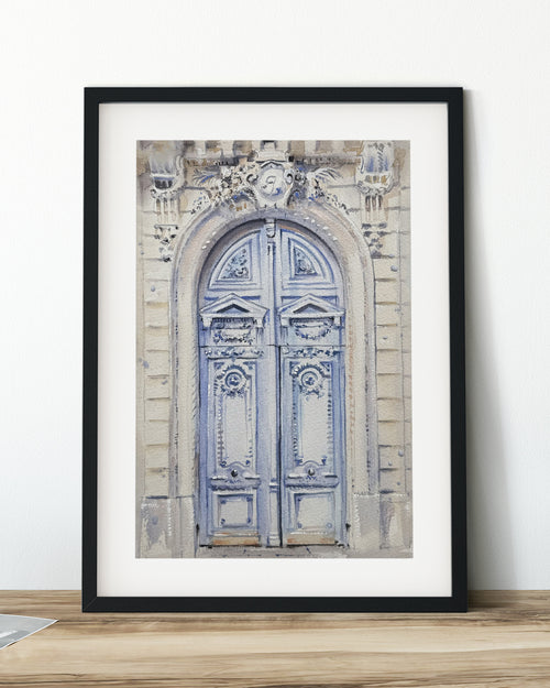 blue door paris watercolor painting