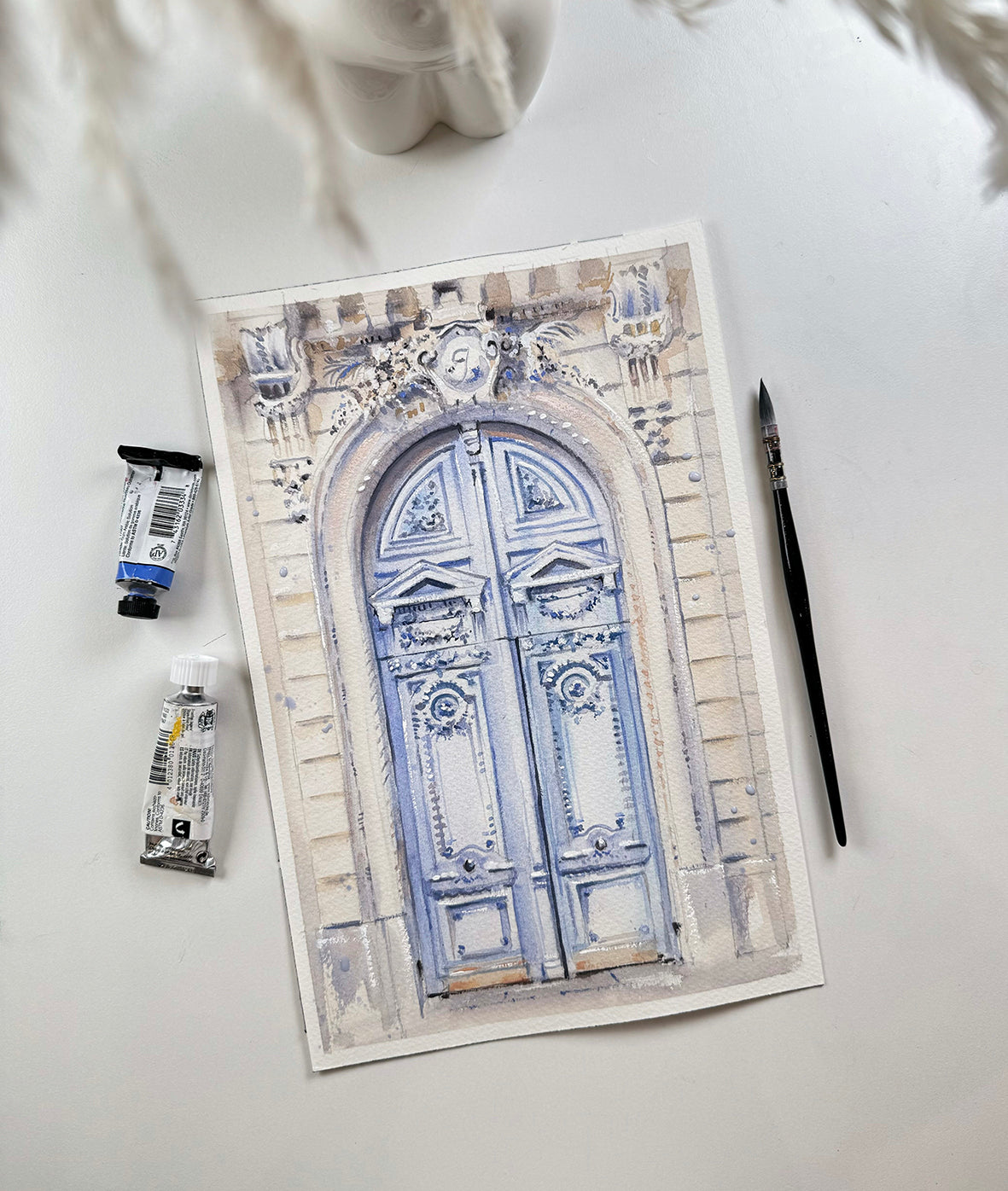 blue door paris watercolor painting
