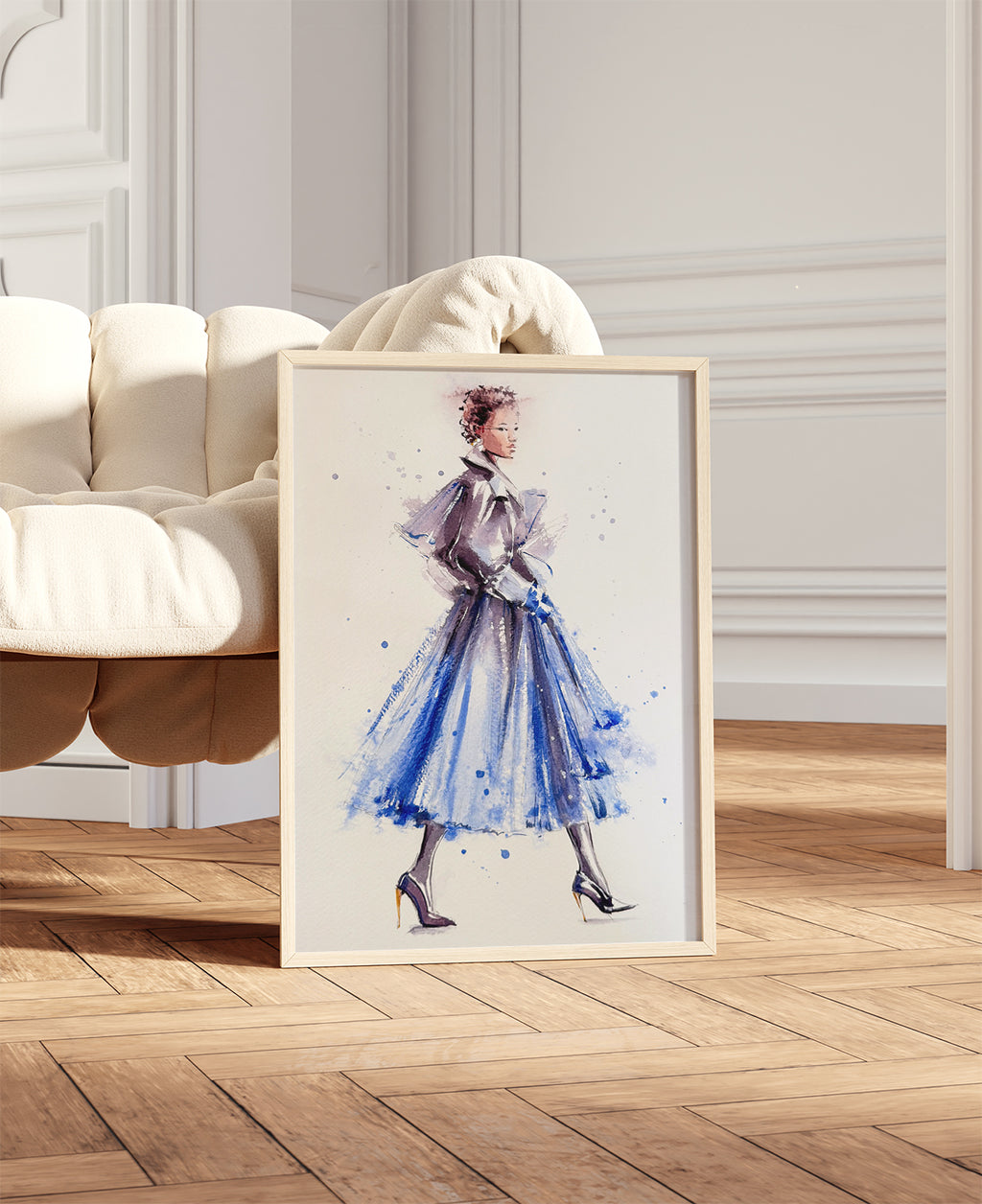 bold fashion illustraton, blue dress print