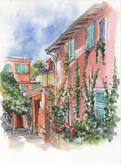 Hand painted watercolor city illustration inspired by travel memories and architecture