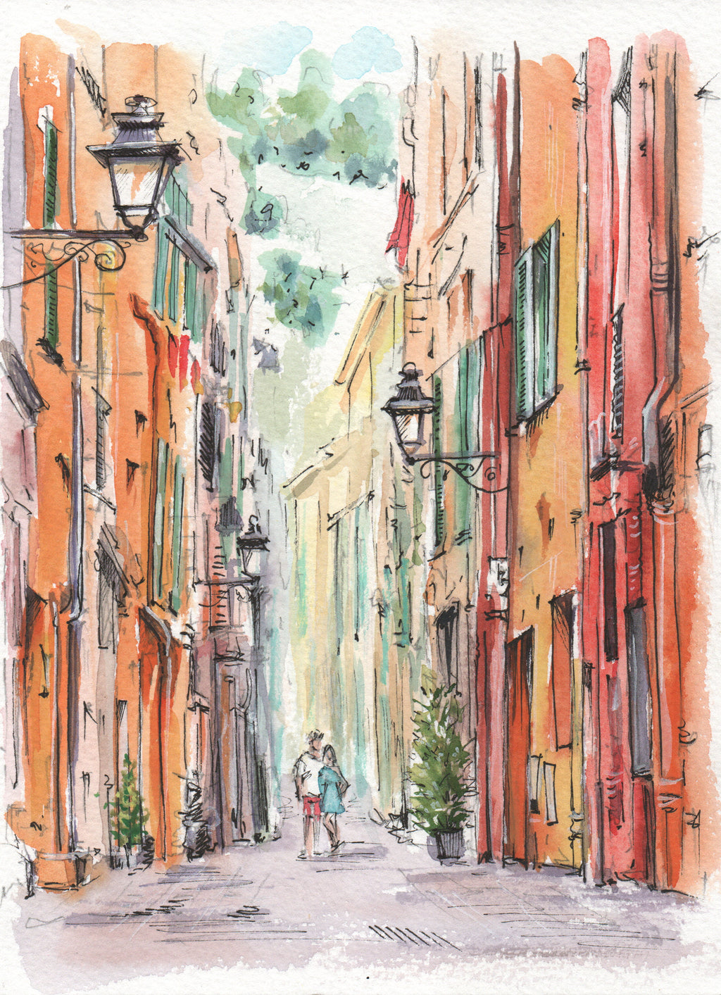 Custom travel illustration from photo, watercolor street painting with European architecture