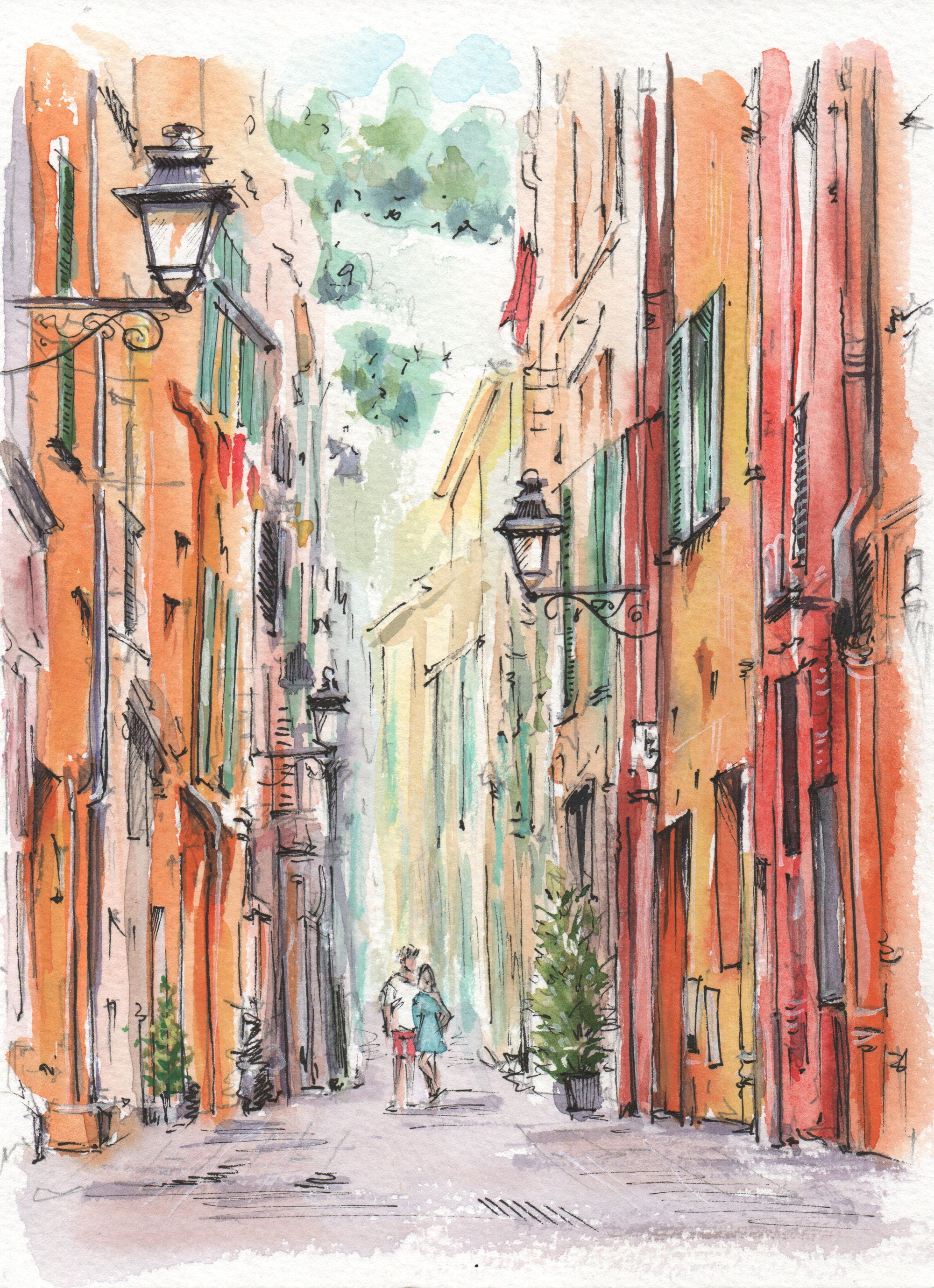 Custom travel illustration from photo, watercolor street painting with European architecture