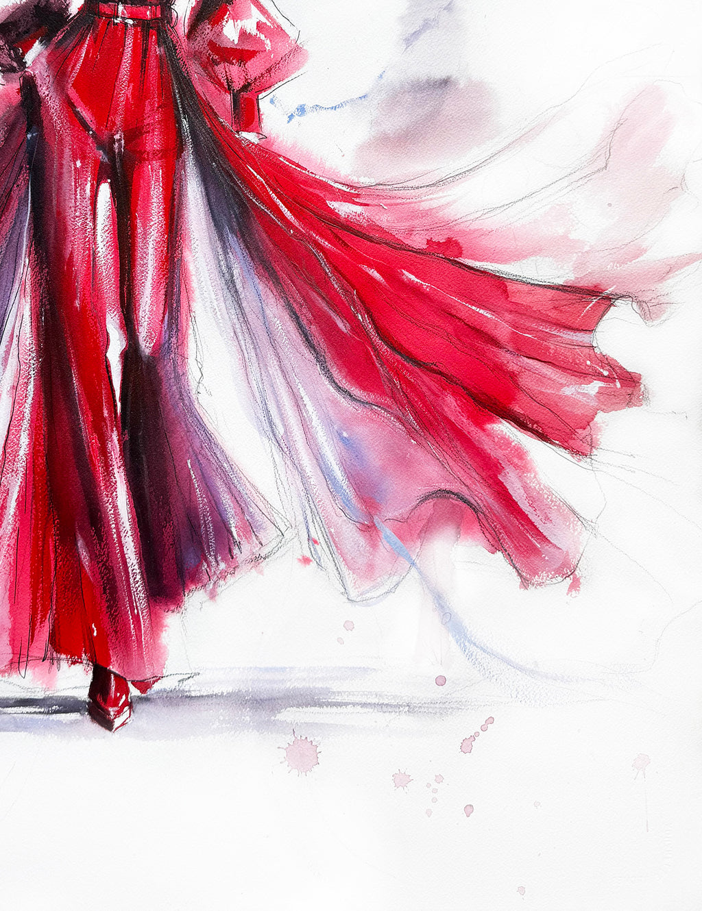 bold watercolor fashion illustration in red dress