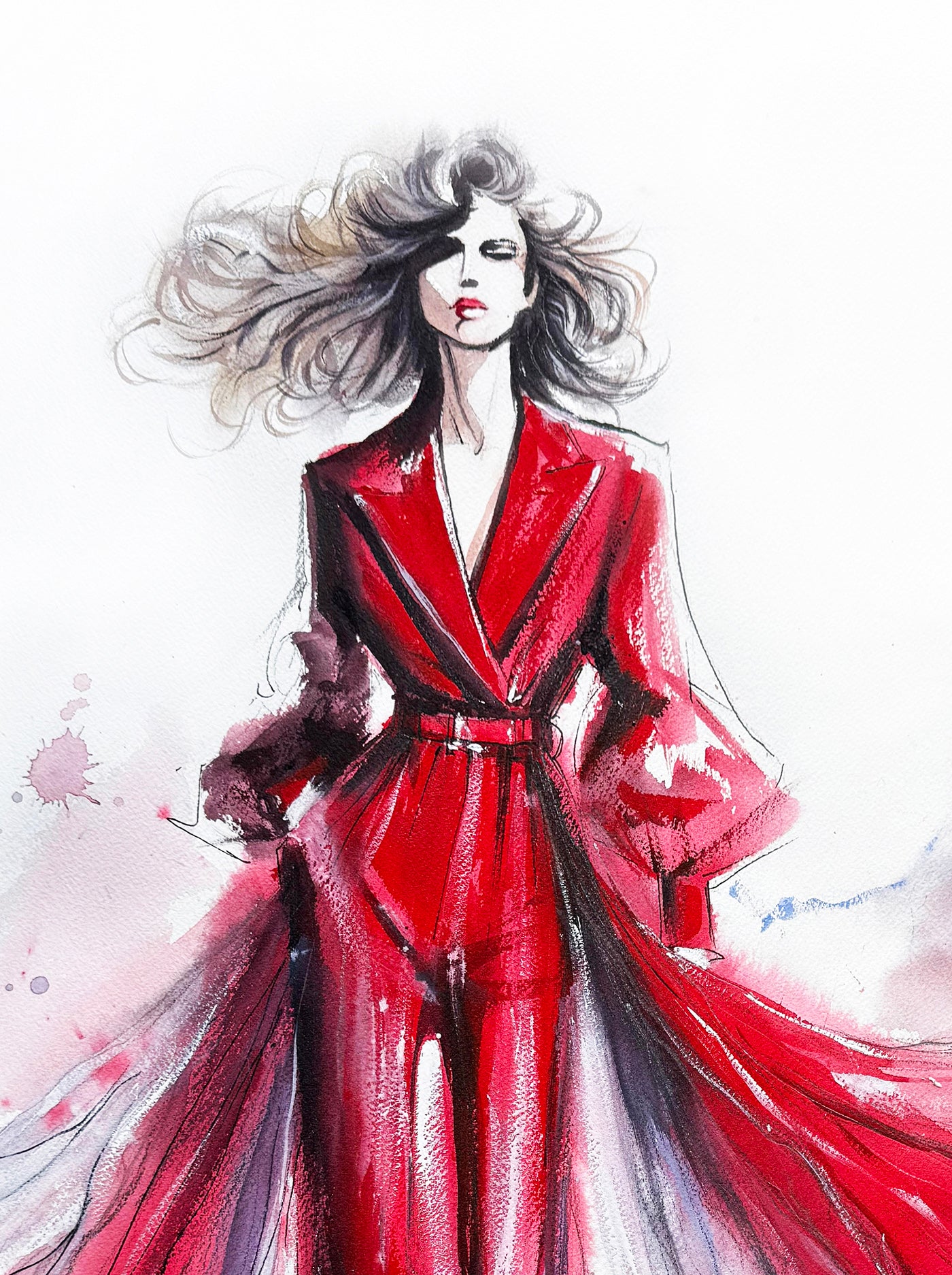 original watercolor fashion illustration in red, bold watercolor