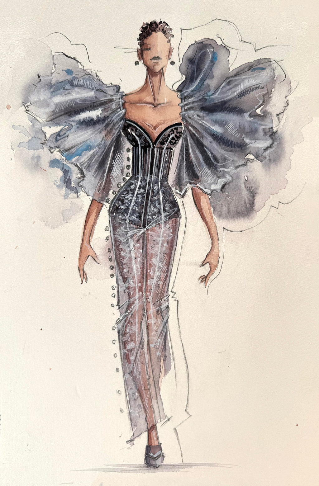 Fashion design sketch of a corseted gown with large sleeves on a white background