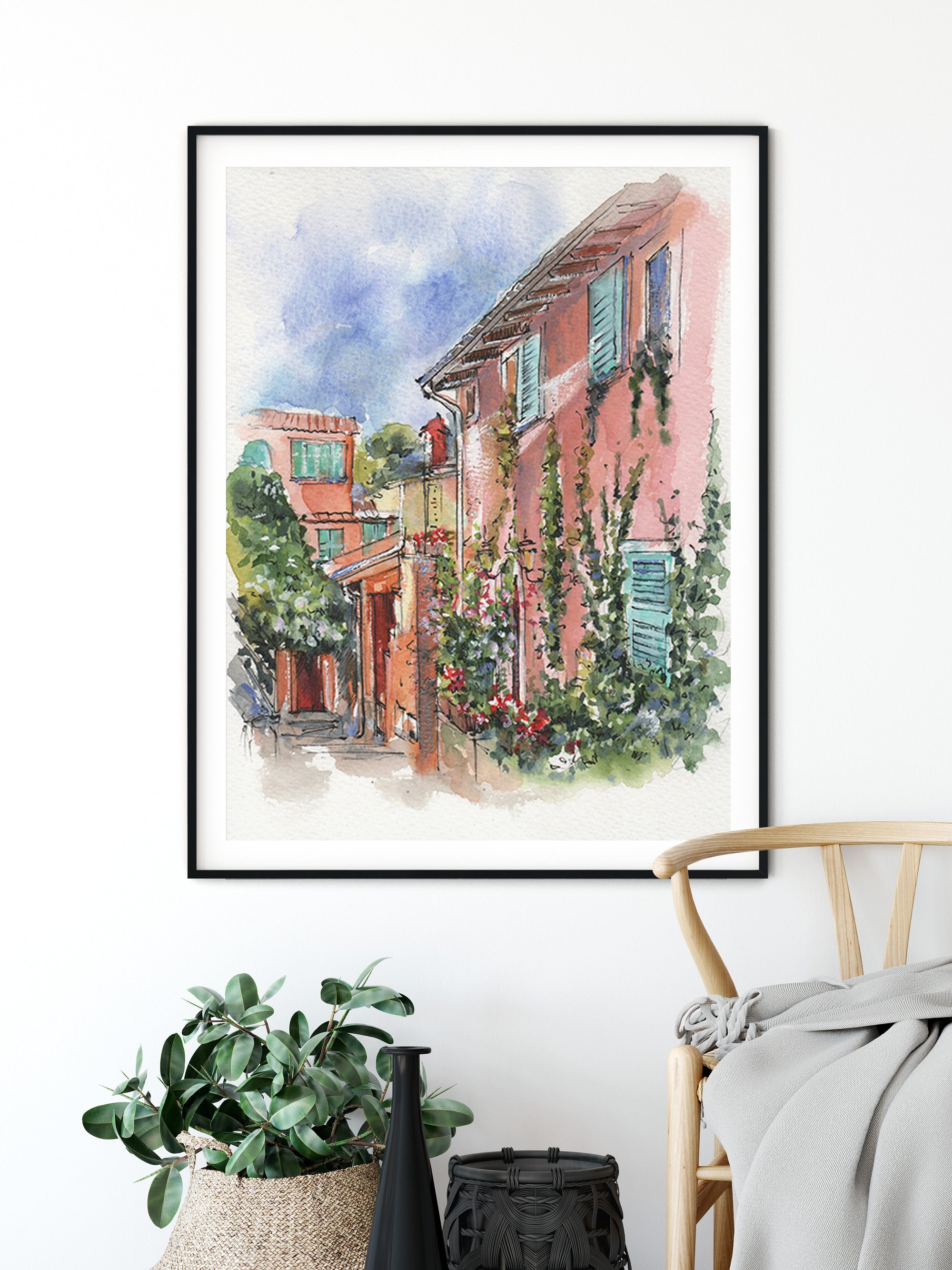 Framed watercolor travel illustration as elegant home decor