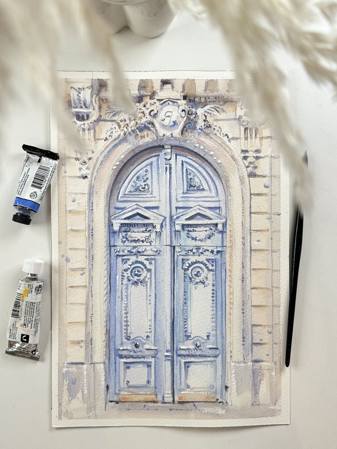 paris door blue watercolor painting