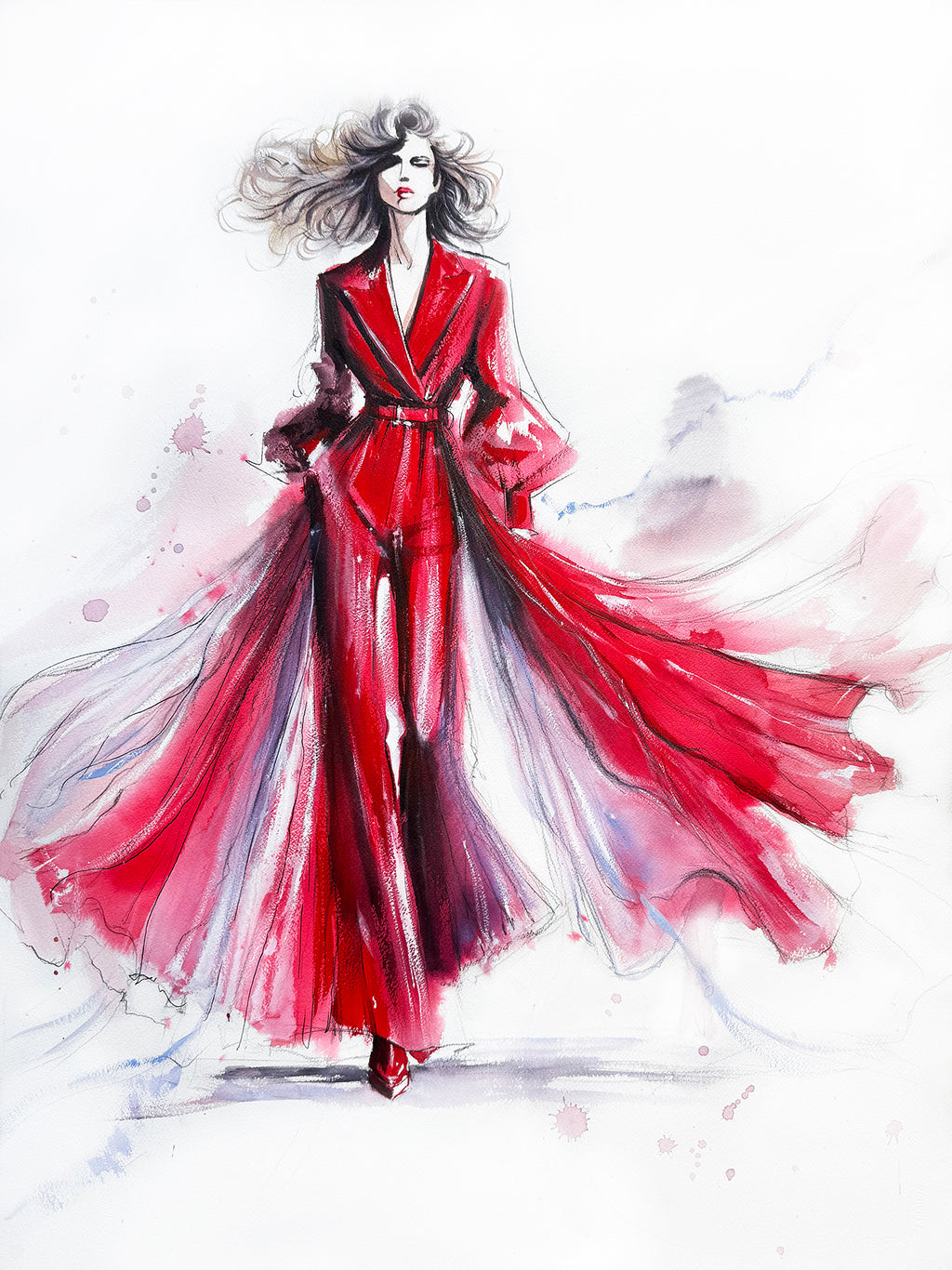 hand-painted fashion illustration in red dress large size