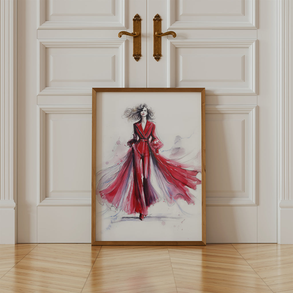 Red dress watercolor fashion illustration in bold watercolor, original painting