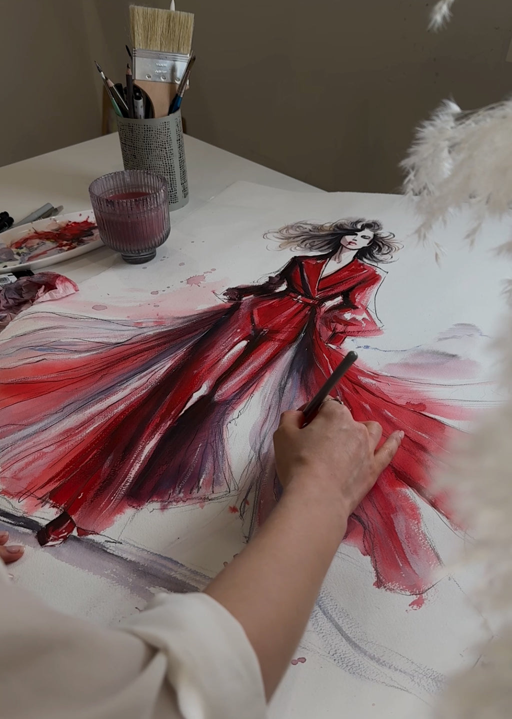 red dress painting watercolor, expressive fashion illustration hand painted