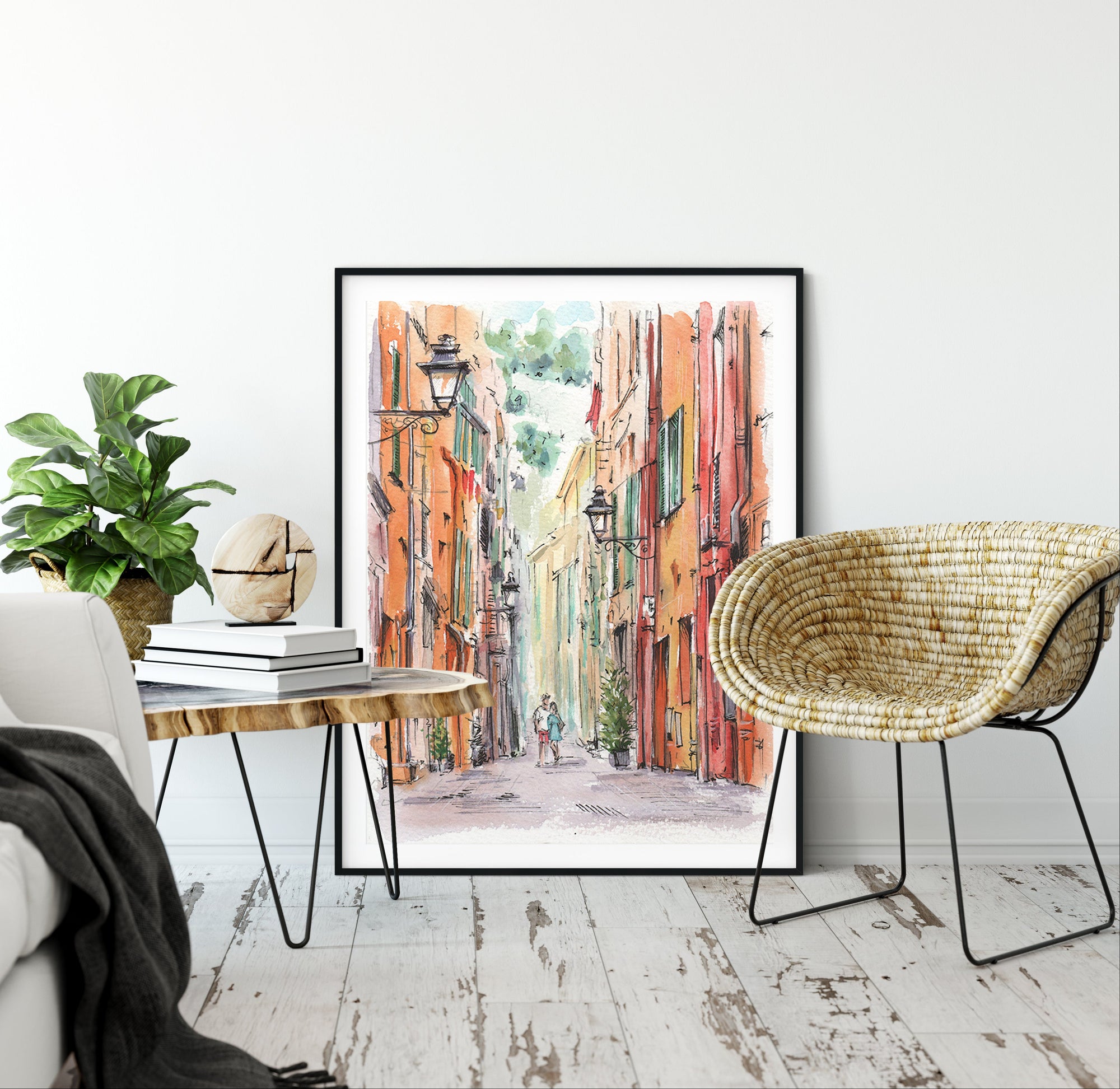 Watercolor travel illustration framed as wall art in modern interior