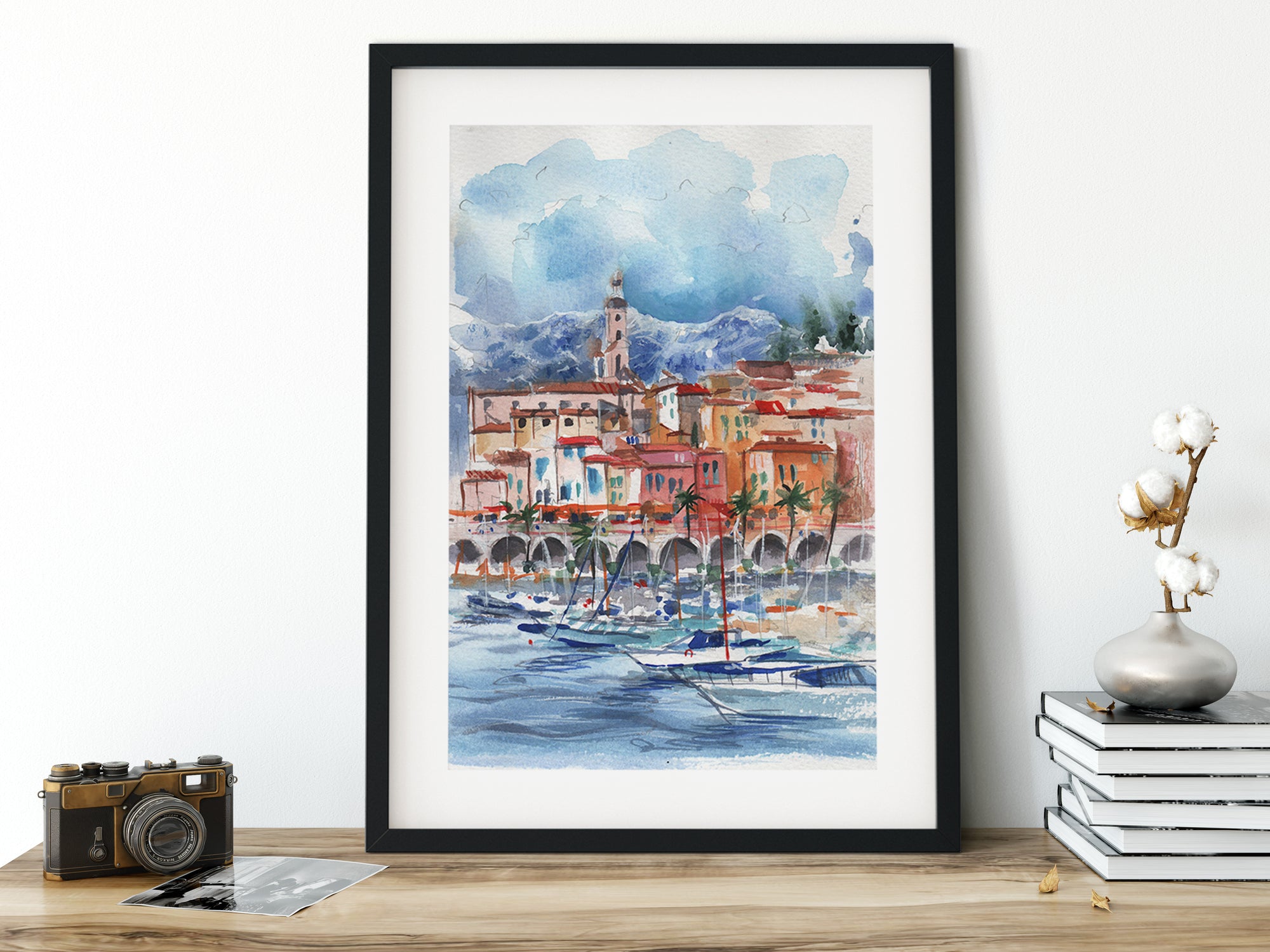 Watercolor illustration of coastal town created from travel inspiration