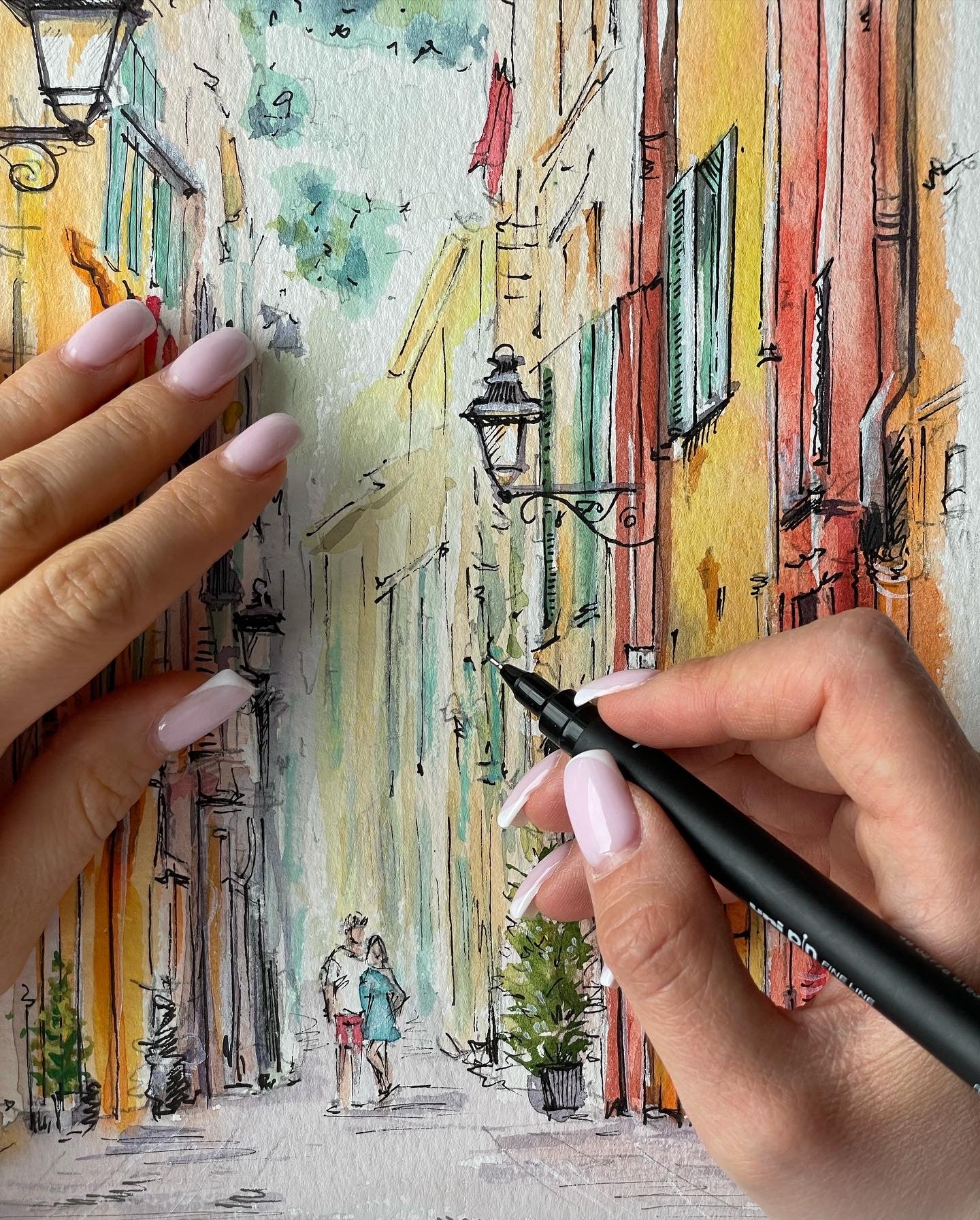 Close-up detail of hand painted watercolor travel illustration