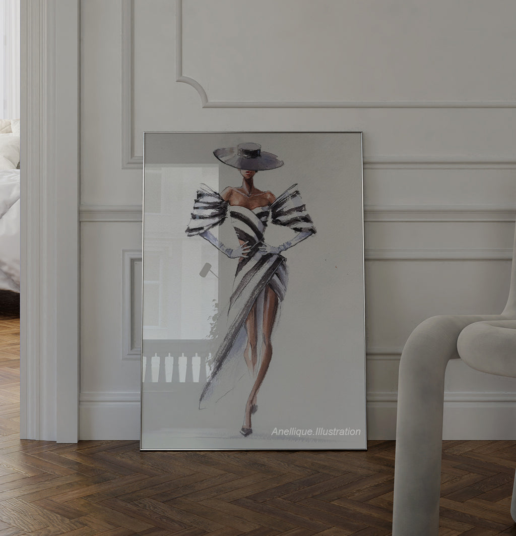 Elegant Fashion Illustration Print – Minimalist Black & White Chic Woman Wall Art
